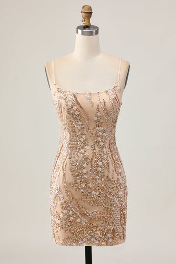 Sparkly Champagne Sequins Bodycon Cocktail Dress with Beading